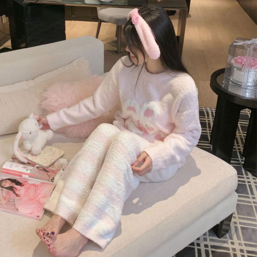 Half fleece pajamas women's sweet and cute strawberry pajamas loose outer wear round neck soft waxy thickened lazy style loungewear