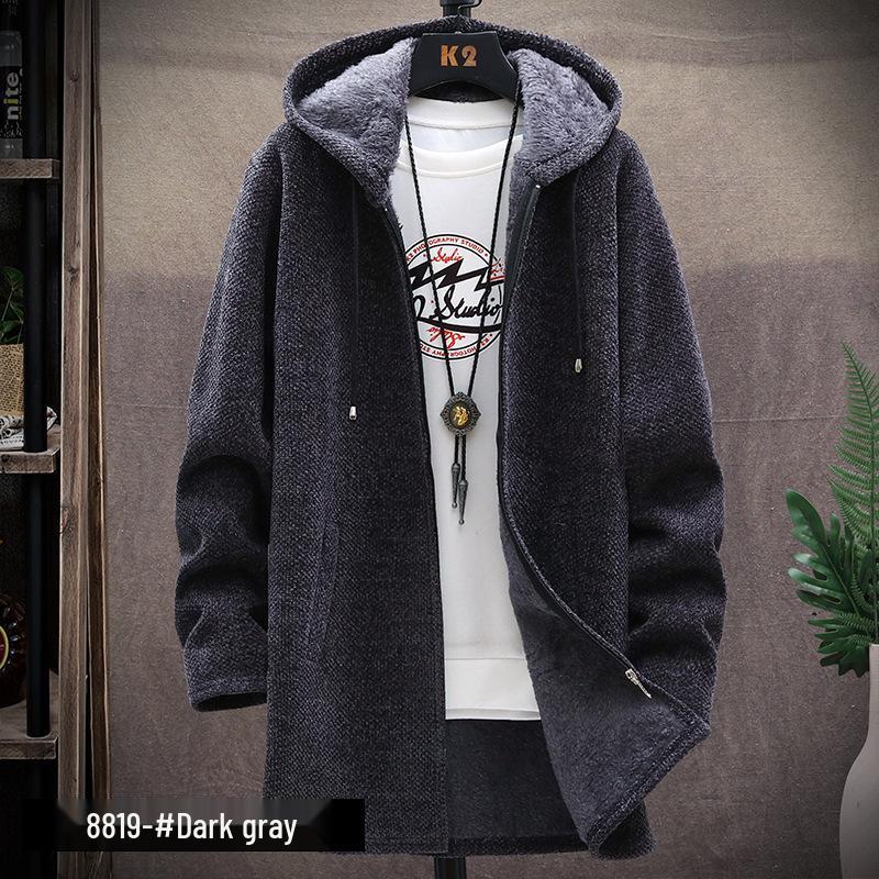 Men's Plus Velvet Thick Cardigan Sweater - Long Hooded Knitwear for Autumn/Winter
