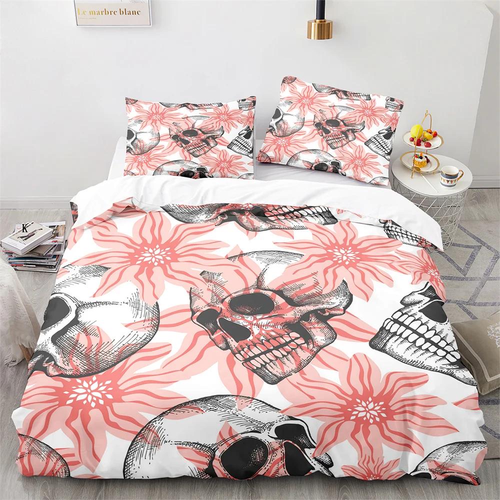 Sugar Skull King Queen Duvet Cover Gothic Skeleton Bones Floral Bedding Set Day Of The Dead Theme 2/3Pcs Polyester Quilt Cover