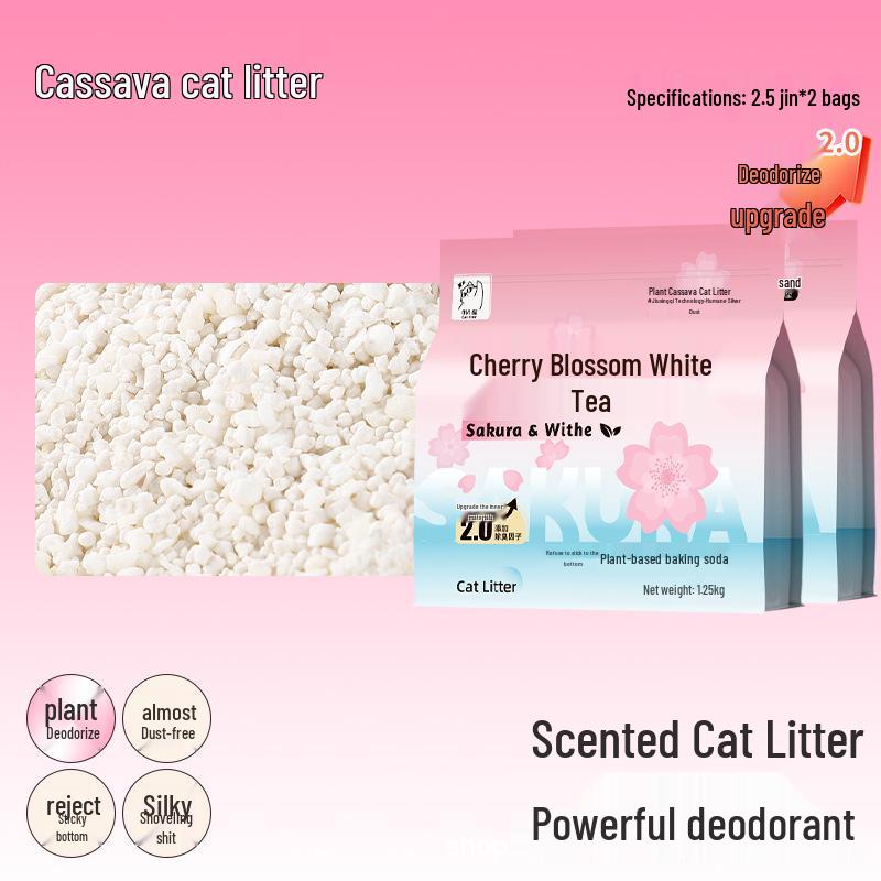 Cassava Cat Litter, Cherry Blossom White Tea, 20kg – Deodorizing, Nearly Dust-Free, Easy Clumping, Odor Control.