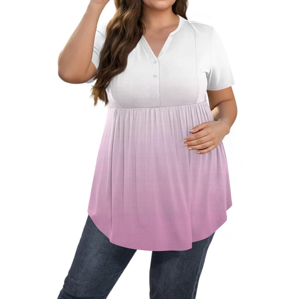 Damen Print Übergröße V-Ausschnitt Knopfleiste Lässiges Kurzarm Fließendes Top