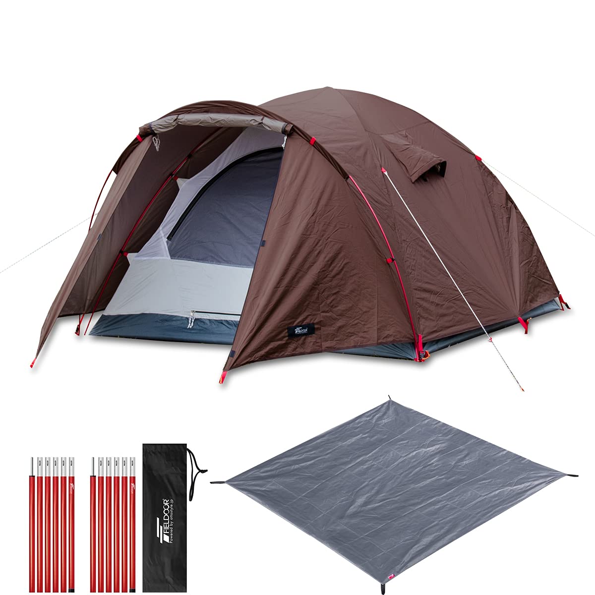 

Палатка-купол FIELDOOR Field Camp Dome 200 Plus с передней комнатой и тентом, алюминиевая стойка для палатки, диаметр 16 мм, 2 комплекта напольного покрытия, давление воды