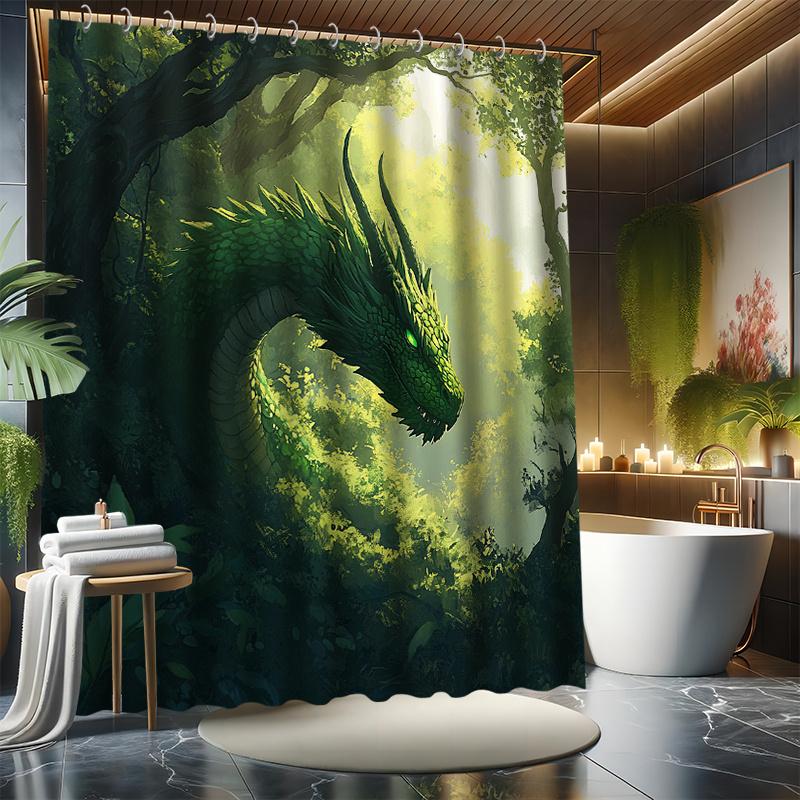 Dschungelgrünes Drachen Duschvorhang Set - Fantasie Drache, Voller Grünpflanzen, Polyester Stoff, Moderne Badezimmer Deko