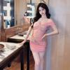 Pure desire style sexy elastic slim mesh mesh printing pleated kinked low-cut short off-the-shoulder bottoming dress