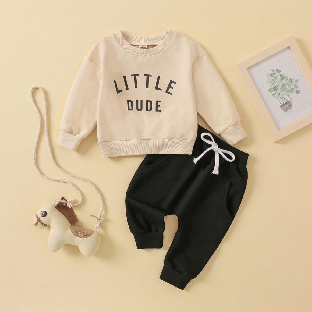 Toddler Letter Print Round Neck Top & Solid Color Long Pants Two-Piece Set, Multi-Color.