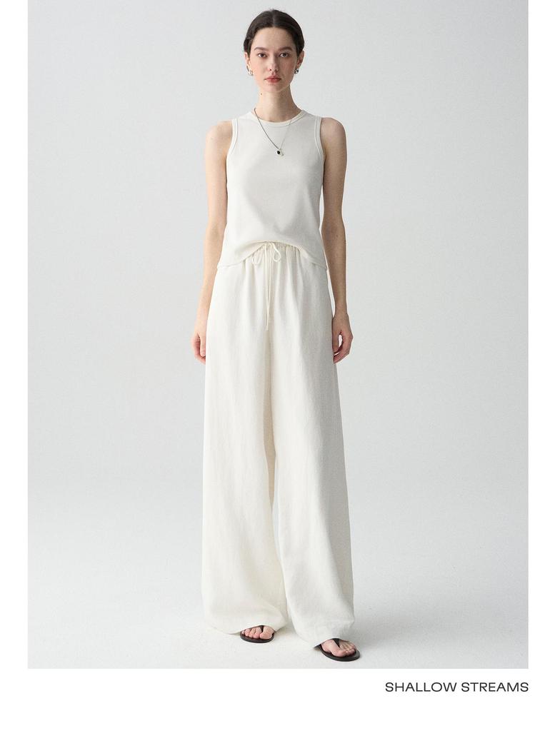 Sea of Dimples High-Waisted Linen Trousers: Breathable White Wide-Leg, Floor-Length, Early Autumn Casual Pants.