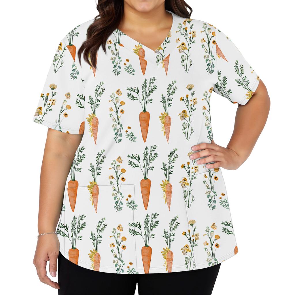 Women's Fashionable V-neck Short-sleeved Work Top With Double Side Slits And Pockets, Featuring Easter Bunny And Egg Prints.