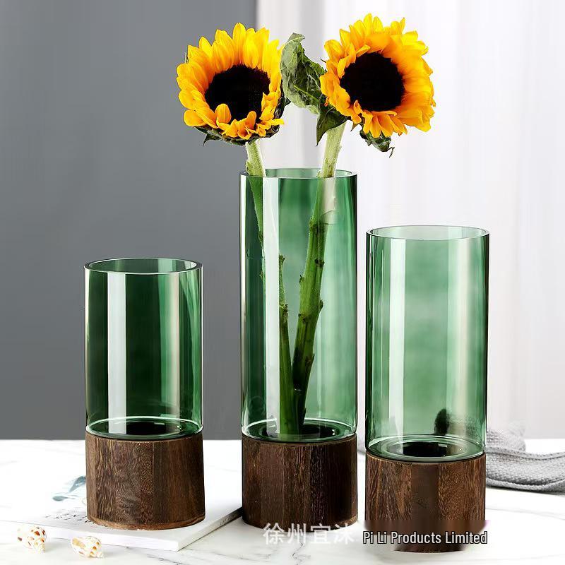 Nordic Light Luxury Crystal White Glass Vase with Wooden Holder for Fresh Flowers - Living Room Decor