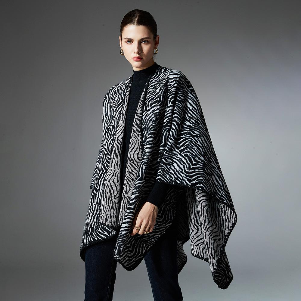 Plus Size Zebra Print Shawl: European/American Autumn/Winter Women's Mid-Length Jacket