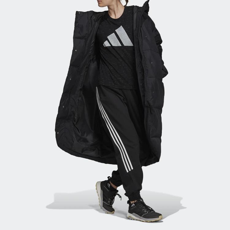 Adidas Womens Big Baffle Down Coat With Zipper And Hood Mid-Length Women Coats Black GT6539