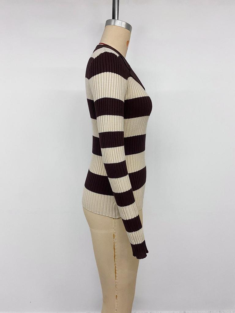 2026 Autumn/Winter Women's Retro Striped Knitted Long Sleeve Sweater with Lapel