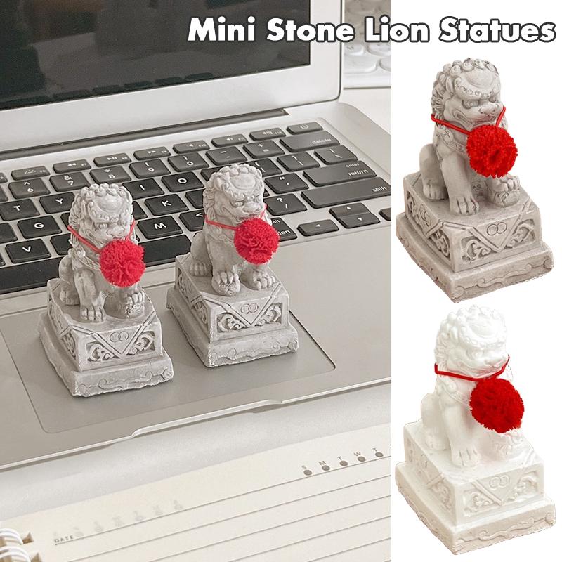 2 Pcs Chinese Chic Feng Shui Awakening Lion Stone Figurines Mini Stone Lion Statues Desktop Living Room Doorway Decor Ornaments