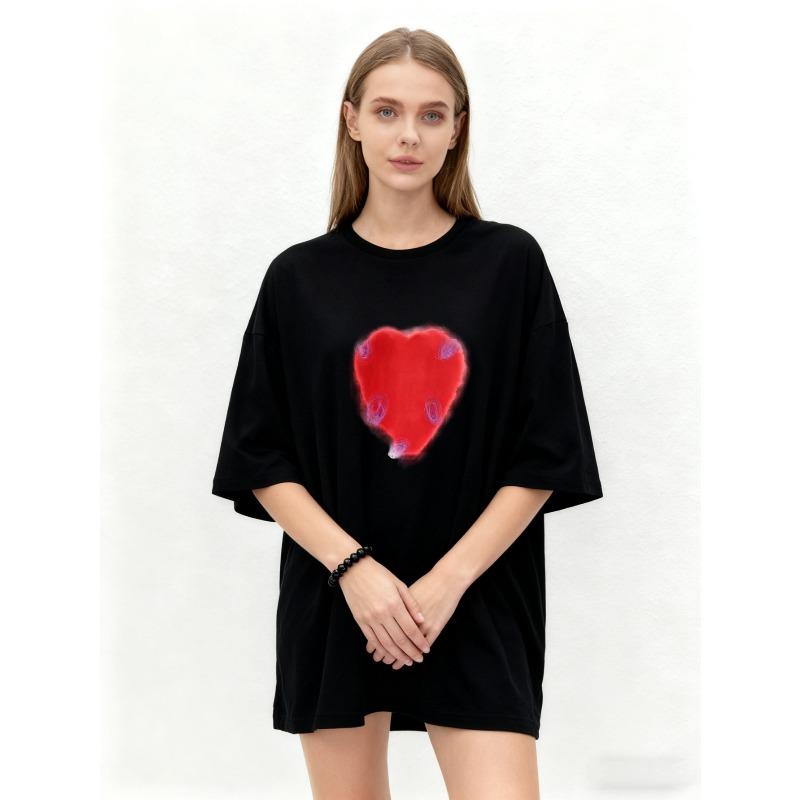 Oversized T Shirt Black Red Heart Print Casual Streetwear Women Fashion Top Summer Outfit