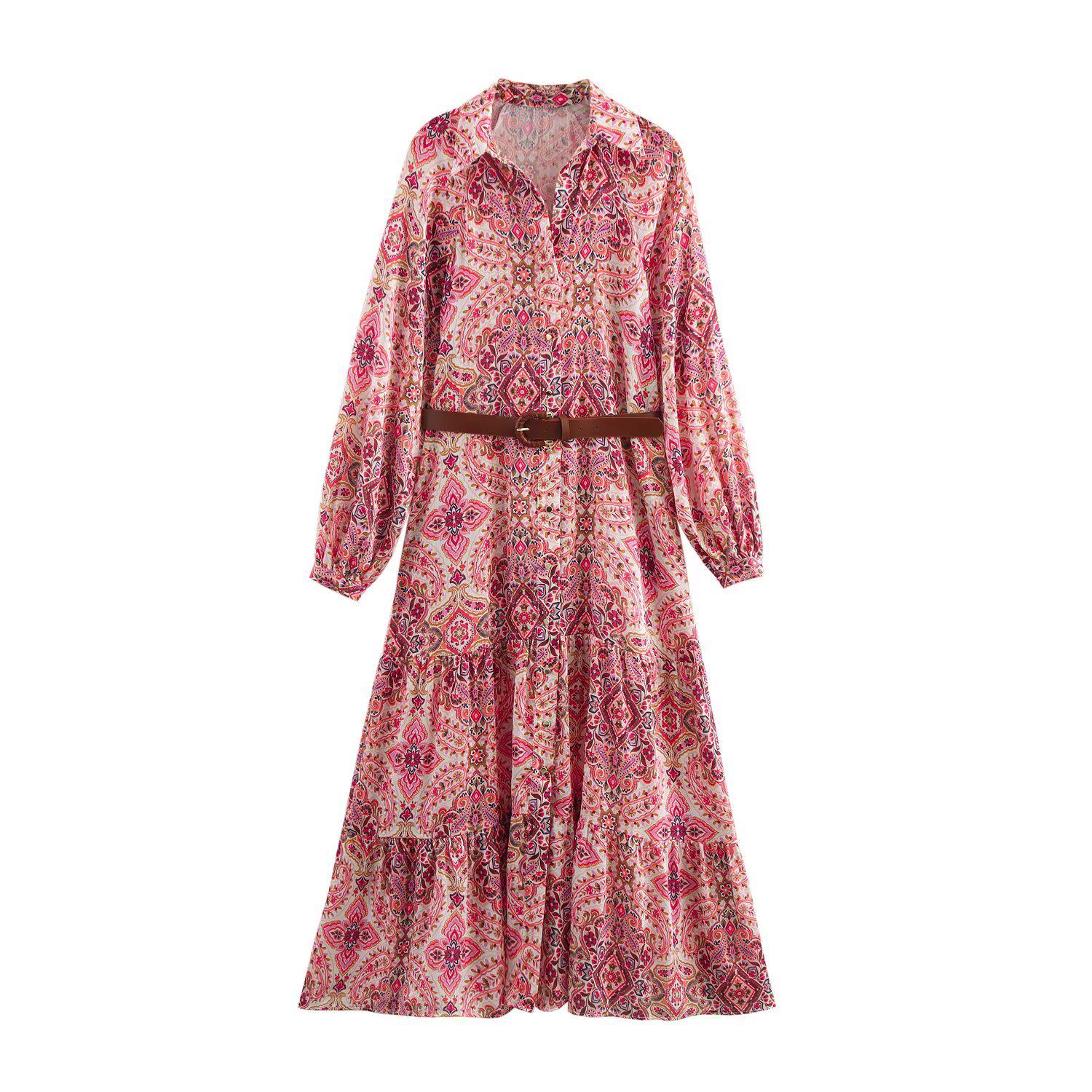 

2025 Spring Women s Slimming V-Neck Floral Print Long-Sleeve Belted Dress M