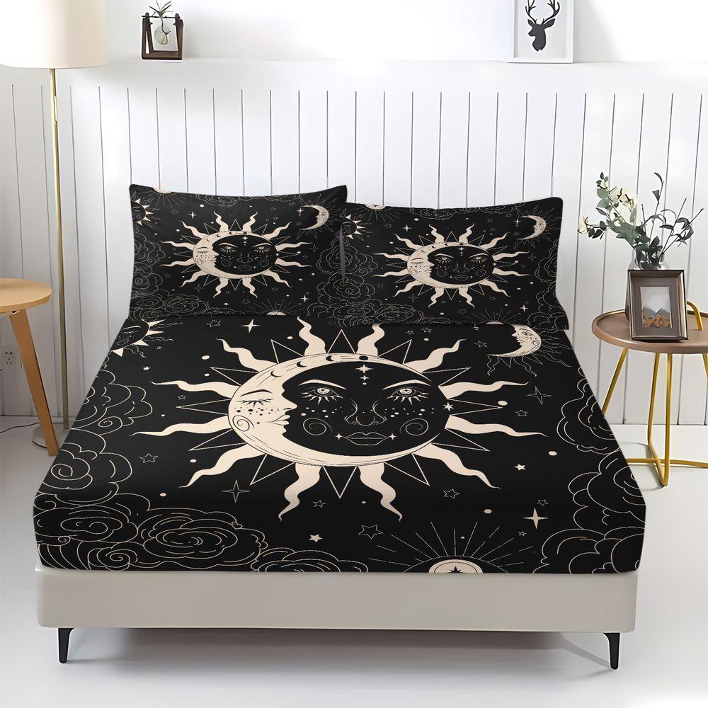 Celestial Sun and Moon Fitted Sheet Set Mystical Black and White Bed Sheets Set Starry Sky Bedding Set Soft Microfiber Bed Cover