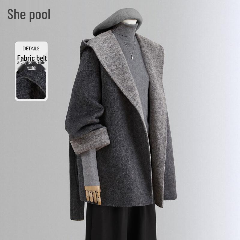 

Women s Double-Sided Wool Blend Hooded Coat One Size