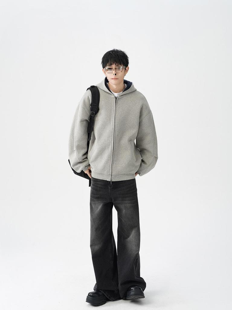 Men's Heavyweight Double Zipper Hooded Sweatshirt Jacket - Cool, Thickened Autumn Winter Color Block Casual Cardigan