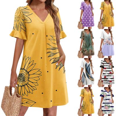 Summer Dresses For Women V Neck Ruffle Short Sleeve Casual Loose Printing Dress Beach Dress With Pockets