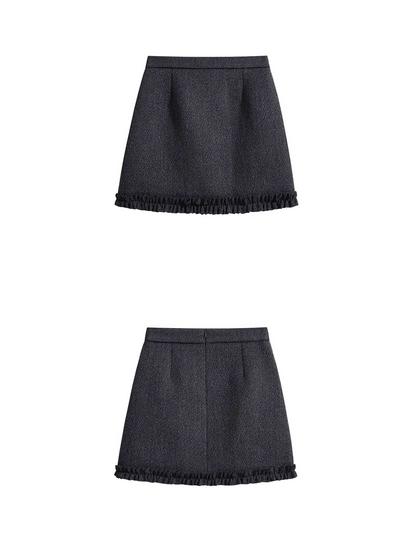Women's Plus Size Grey Wool Ruffle Trim Half Skirt, Thick A-line Mini Skirt Pants for Spring/Autumn