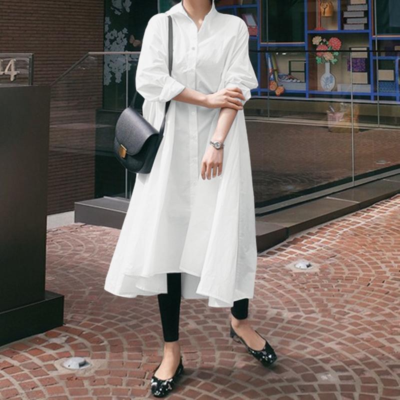 ZANZEA Women Casual Turn Down Collar Loose Long Sleeve Shirt Dress