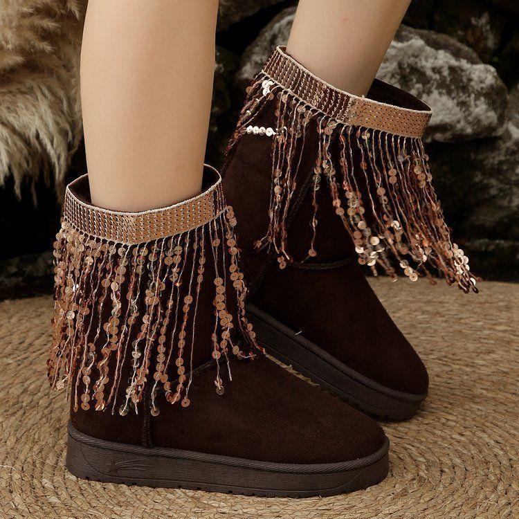 2025 Independent Station Foreign Trade New Round Head Suede Casual Women's Leather Boots Sleeve Fringed Boots Thick High School Heel Women's Shoes