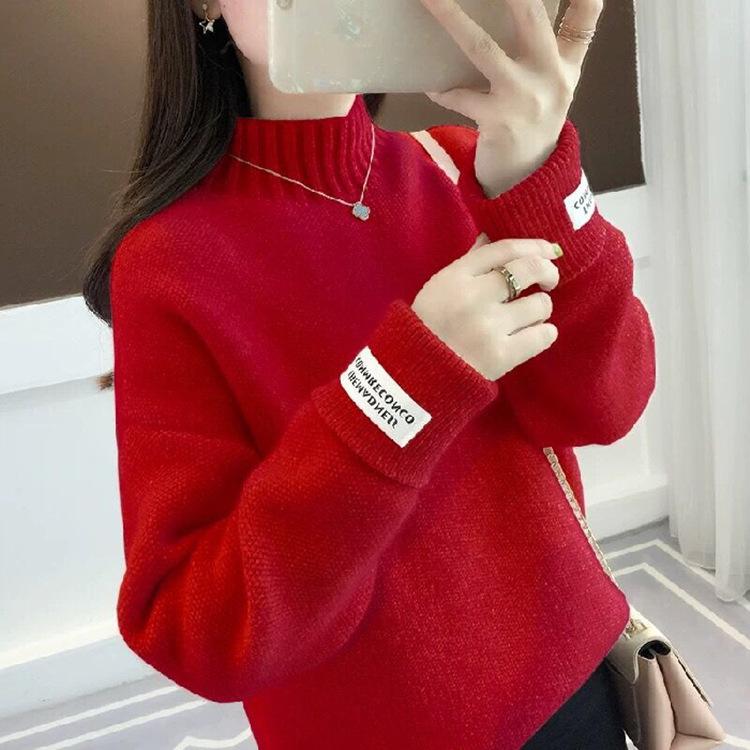 

Women s Half High Neck Sweater Knitted Base Sweater Autumn and Winter Loose Korean Version Student Thick Sweater S червоний
