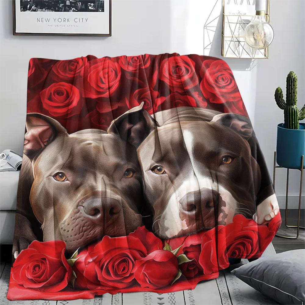 Pitbull a růže, vzor Flanelová deka, Vysoká kvalita, Pohodlná pro všechna roční období, Domácí dekorace, Teplo a pohodlí, Ideální pro dárky.