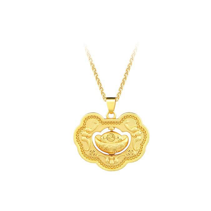 Elegant Gold Ingot Peace Lock Necklace for Women – Luxe Chinese Palace Style with Strong Color Retention