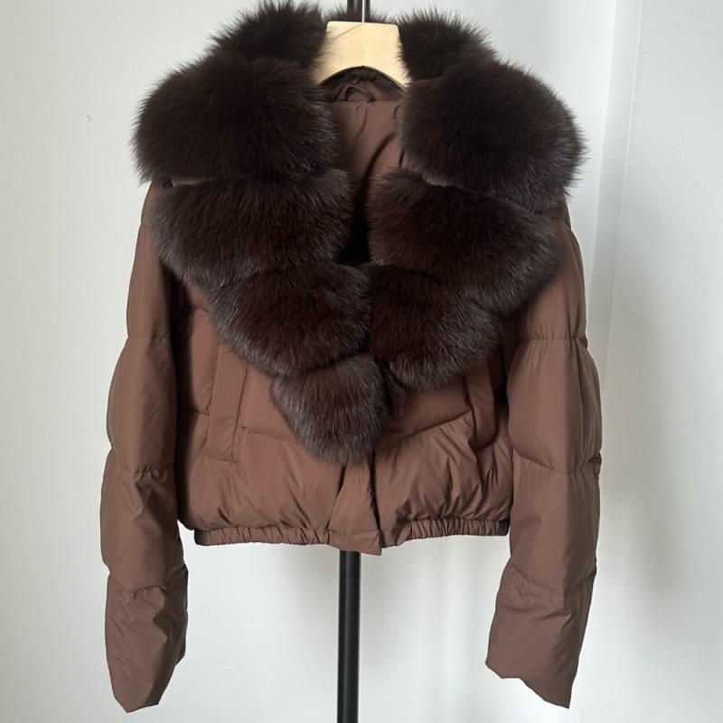 Womens Short Puffer Coat With Oversized Fox Fur Collar Warm Winter Outerwear Loose Fit Stylish Daily Wear