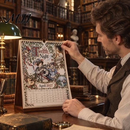 Collectible Illustration Wall Art 2027 Calendar, Vintage Illustrated Hanging Calendar with 12 Plays Through, Romance Academic Year Planning
