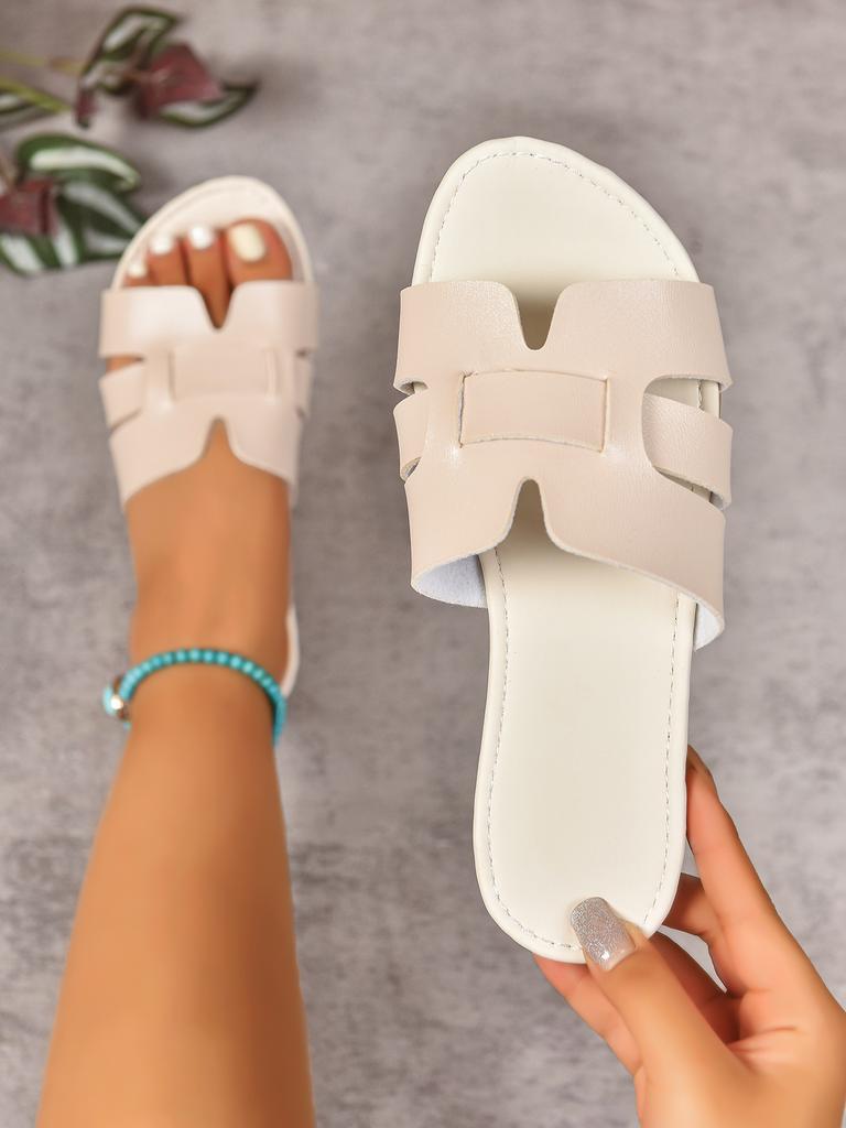 Fashion Women's Solid Color Slide Sandals, Lightweight Square Open Toe Slip on Shoes, Women's Casual Flat Shoes