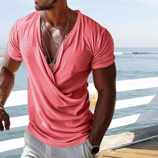 Yousheng Men T-shirt V-neck Short Sleeve Casual Tops Loose Fit Solid Color Breathable Fabric Pullover Tops Home Gym Street Wear