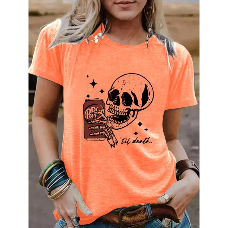 Dámská bavlněná trička s krátkým rukávem a kulatým výstřihem s ležérním módním potiskem lebky a Coly pro Halloween