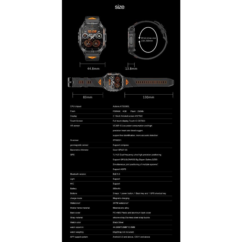 New 2.13" AMOLED Screen Outdoor Smartwatch GPS Compass LED Flashlight Altimeter 3ATM Waterproof 580mAh Bluetooth Call Smartwatch
