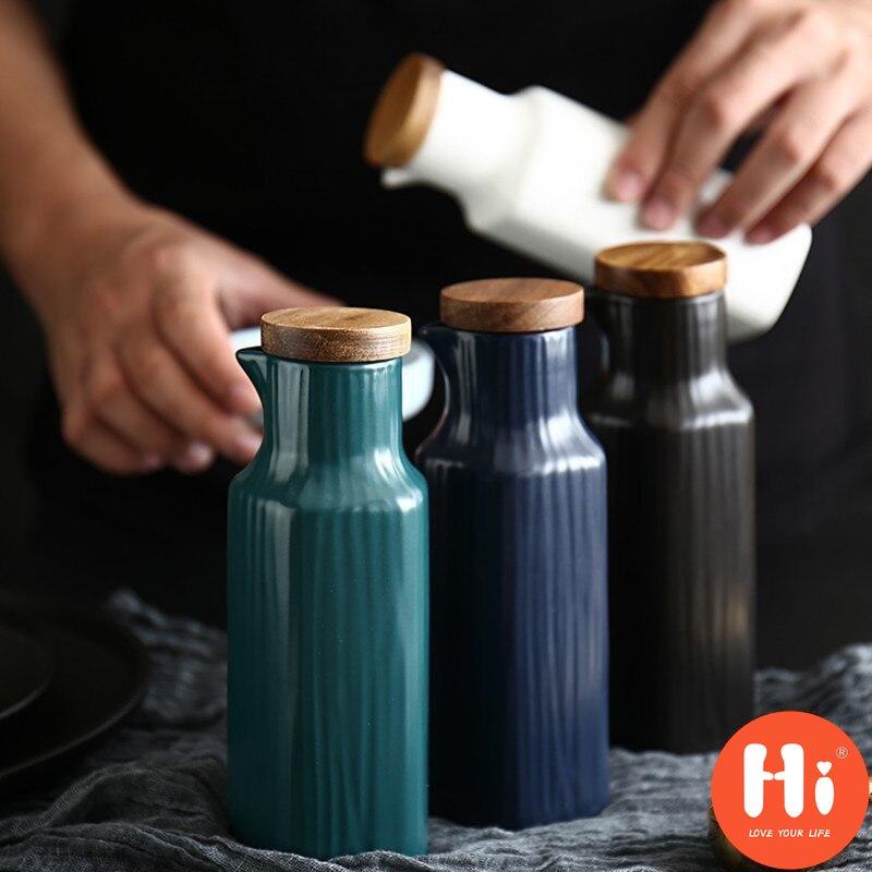 Hi Japanese Ceramic Salt Jar with Bamboo Lid Soy Simple Sauce Bottle Creative Leak-Proof Oil Vinegar Bottle Kitchen Tableware