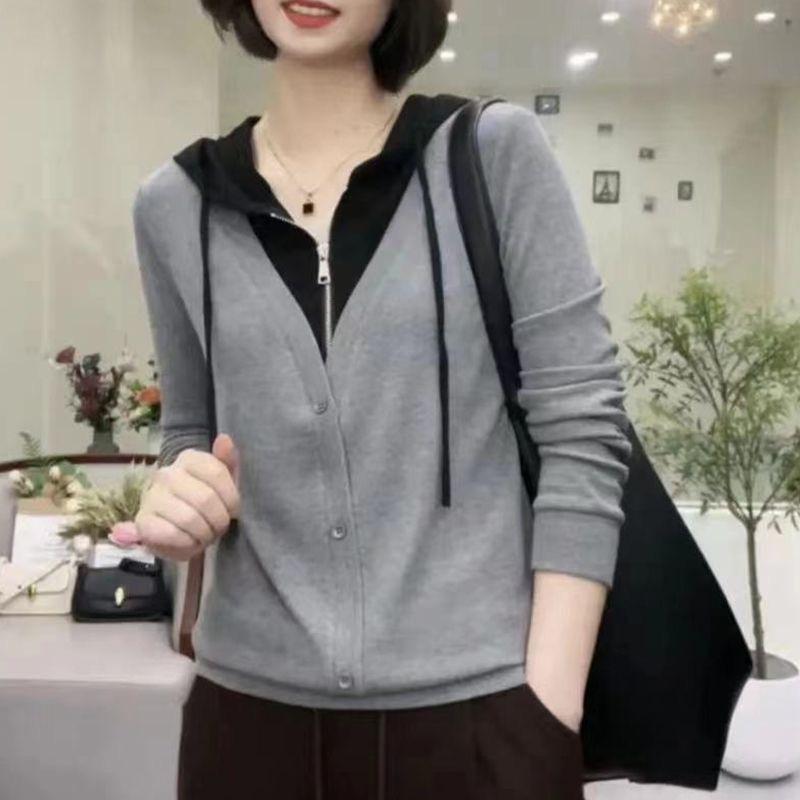 Spring Autumn Fake Two Pieces Casual Fashion Hoodies Women Patchwork All-match Zipper Pullover Hooded Top