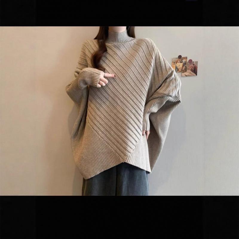 Plus Size Women's Batwing Sleeve Ribbed Knit Sweater with Half-High Round Neck