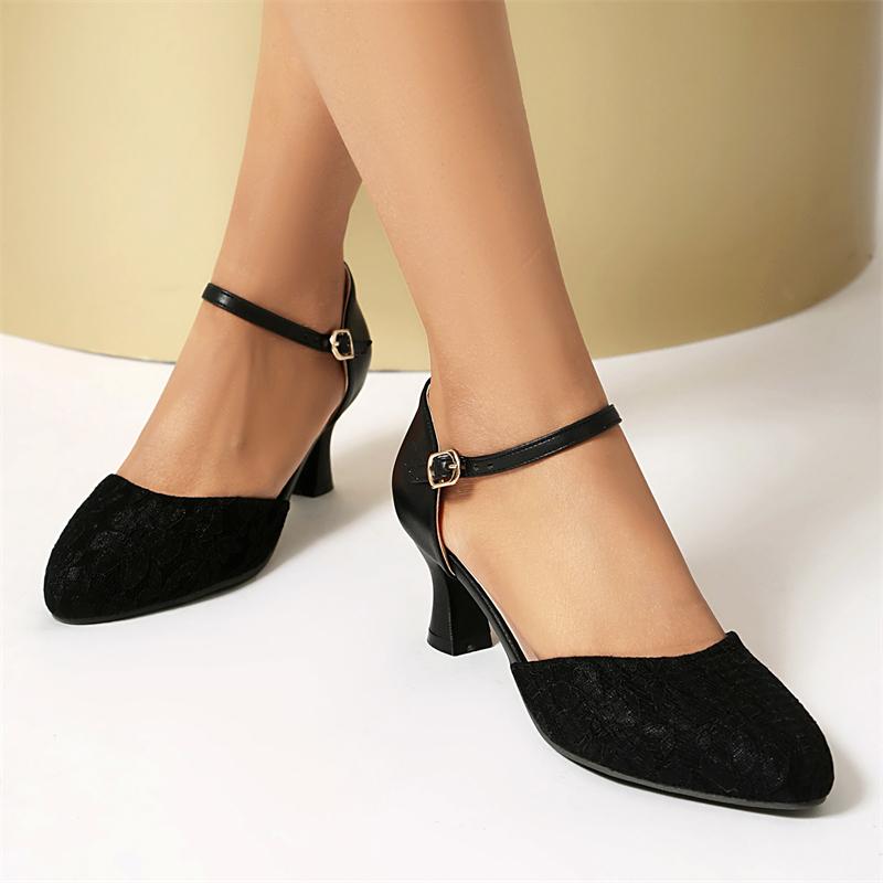 Women's Medium Heels D'Orsay Shoes Summer 2025 Fashion Lace Strap Black Red Short Heeled Party Wedding Shoes Female Big Size 48