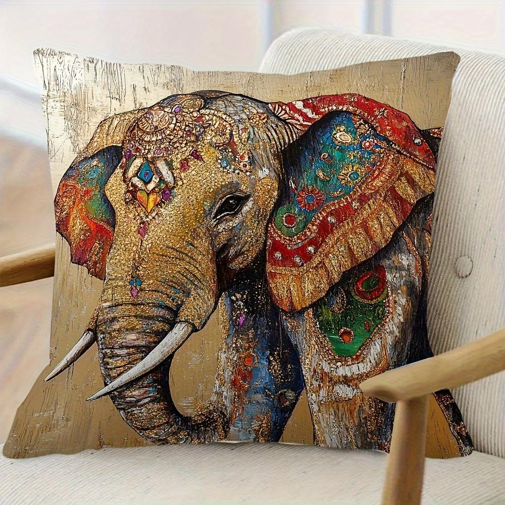 2D Flat- Bohemian Luxury Elephant Print Throw Pillow Cover Vintage Gold Texture Decorative Cushion Case