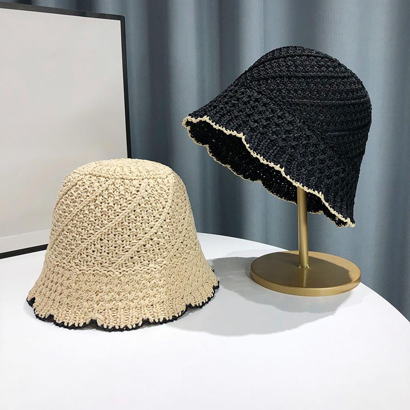 Ladies' Summer Handmade Crochet Straw Hat With Hollow Out Breathable Sunshade Bucket Hat Uv Resistant Solid Color Fisherman Hat