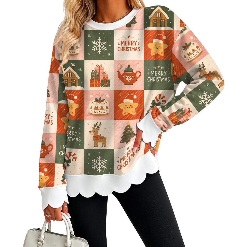 Women's Christmas Print Sweatshirt Neck Scalloped Wavy Hem Pullover Top for Holiday