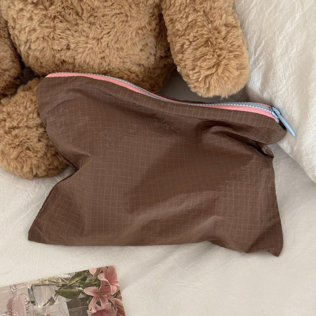 Macaron Nylon Plaid Block Storage Bag, Minimalist Portable Zipper Pouch Travel Toiletry Organizer Bag