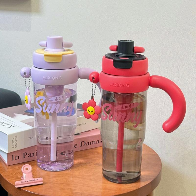 Big Handle Tea Cup Cute Creative with Handle Easy To Carry Double Drinking Straw Direct Drinking Large Capacity Water Cup