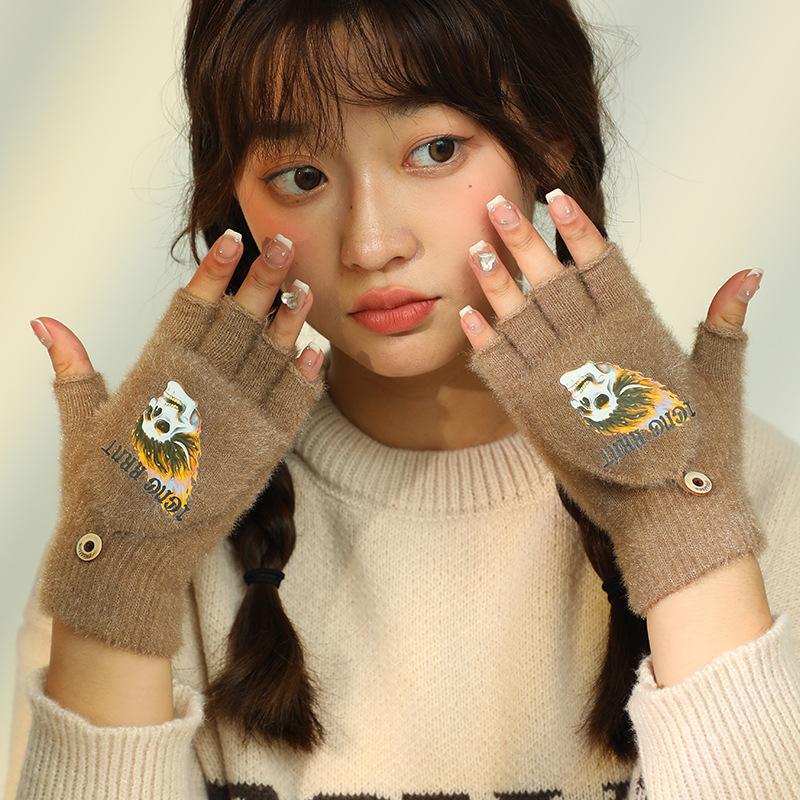 Winter Cycling Cold-proof and Warm Flip-top Plush Female Cute Student Japanese Half-finger Cotton Halloween Luminous Gloves Winter