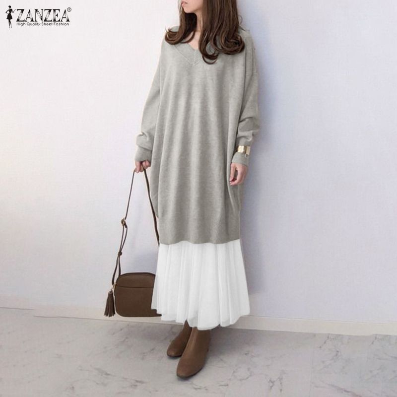 ZANZEA Women Casual Mesh Splice Loose V-neck Long Sleeve Dress