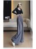 High-Grade Gray Wide-Leg Floor-Length Lace-Up Belly-Control Casual Pants for Women