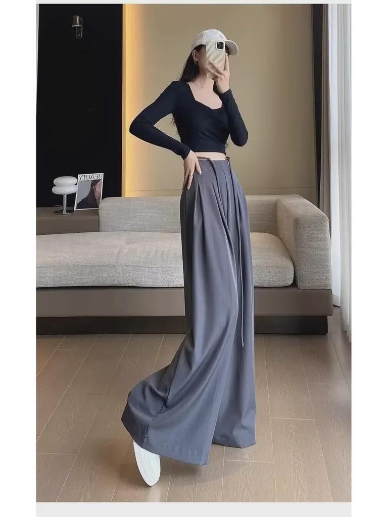 High-Grade Gray Wide-Leg Floor-Length Lace-Up Belly-Control Casual Pants for Women