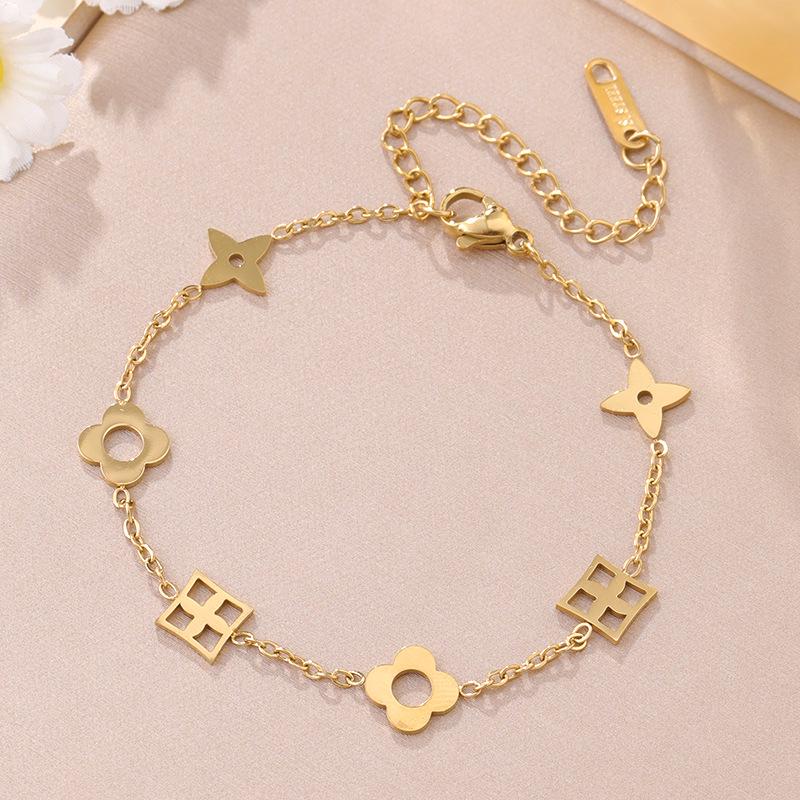 Luxe Titanium Staal Vierbladig Klaver Armband in Koreaanse Stijl met Ingelegde Diamanten voor Vrouwen - Kleurvast