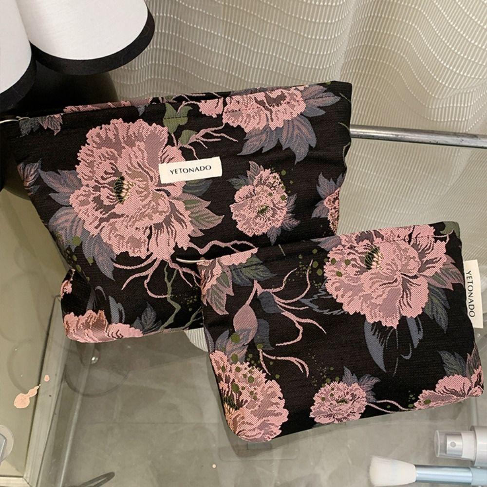 Polyester Canvas Flower Clutch Bag Flower Pattern Large Capacity Makeup Bag Portable Zipper Closure Travel Toiletry Bag