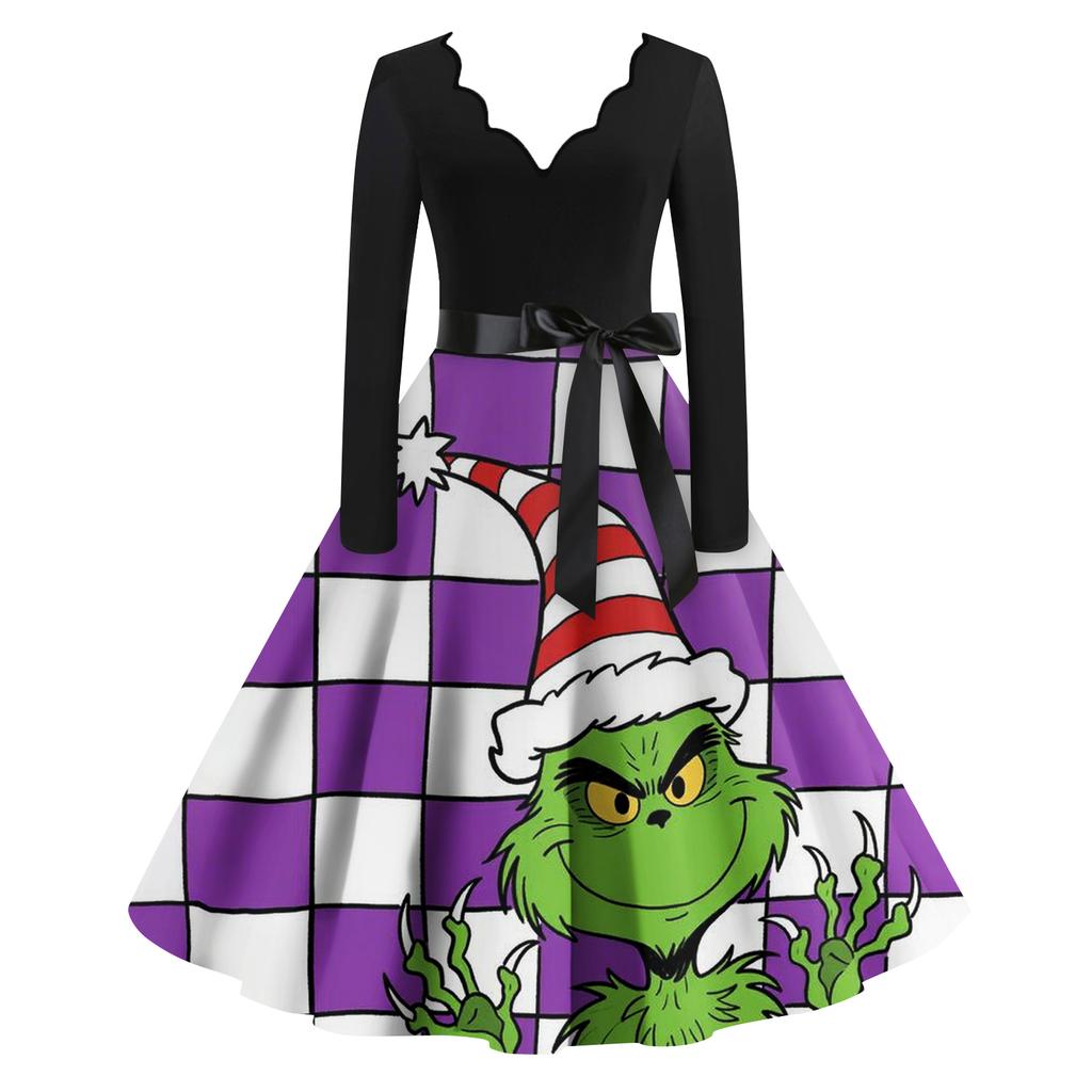 Ladies' Fashionable Retro Long Sleeved Square Neck Christmas Printed Evening Dress Dress